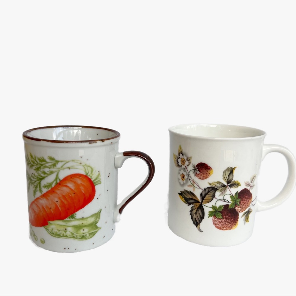 Hitkari Pottery Strawberries & Speckled Carrot And Peas Pods Mugs Vintage